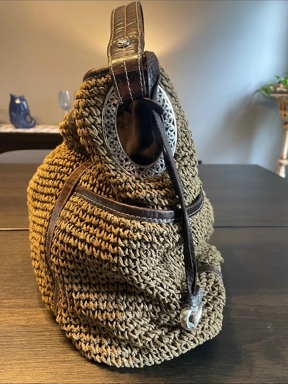 Brighton Brown Woven Hobo Bag with Dark Brown Trim